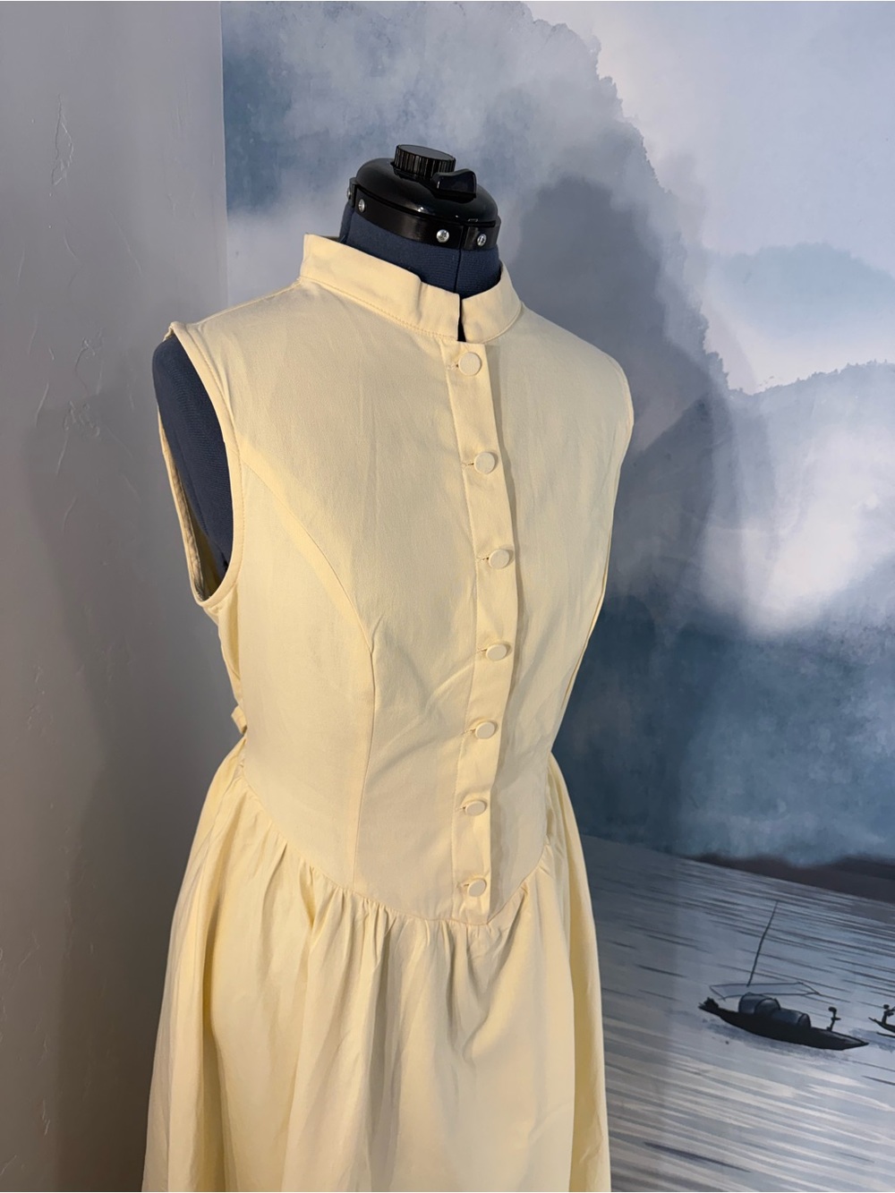 Sleeveless Pale Yellow Button-Front Midi Dress #402 - Picture 2 of 10